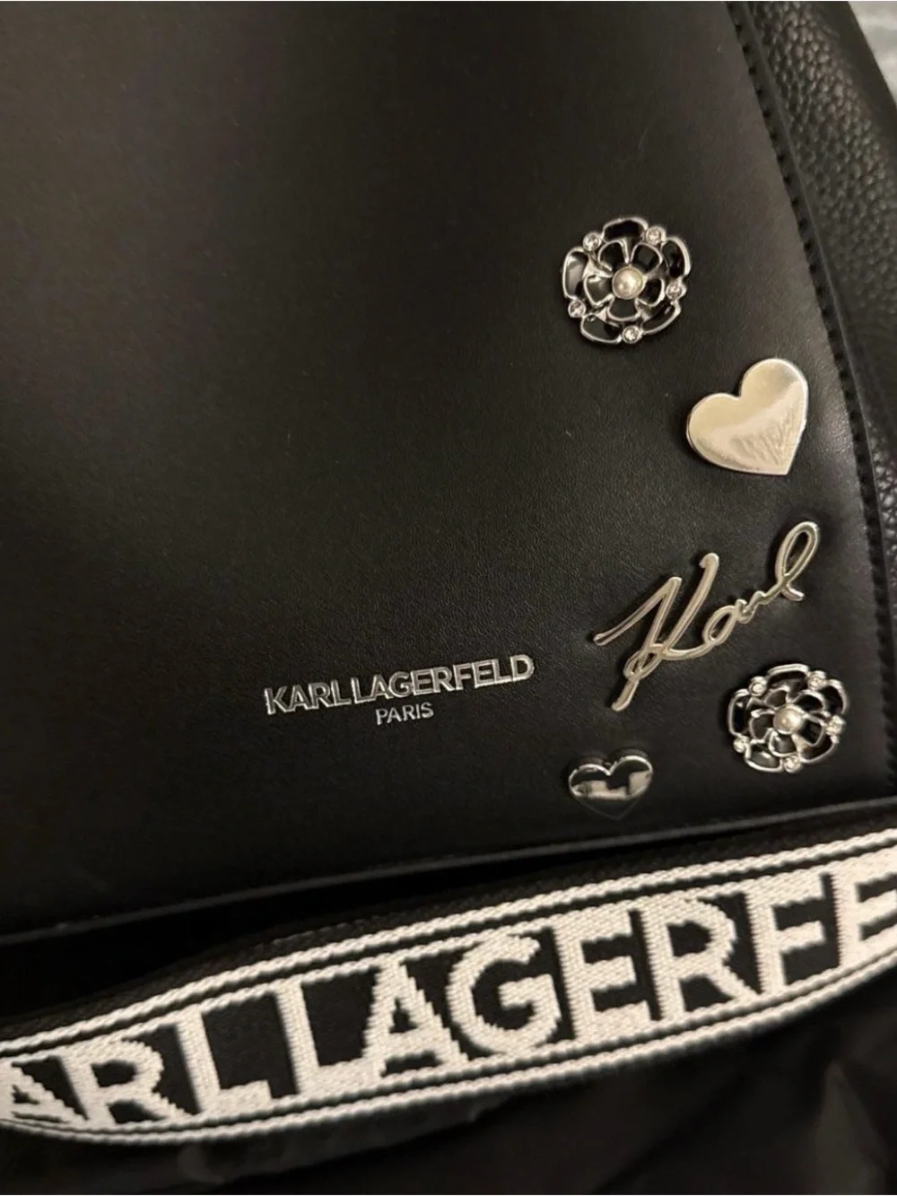 Karl Lagerfeld Black Leather Drawstring Hobo with Logo Strap